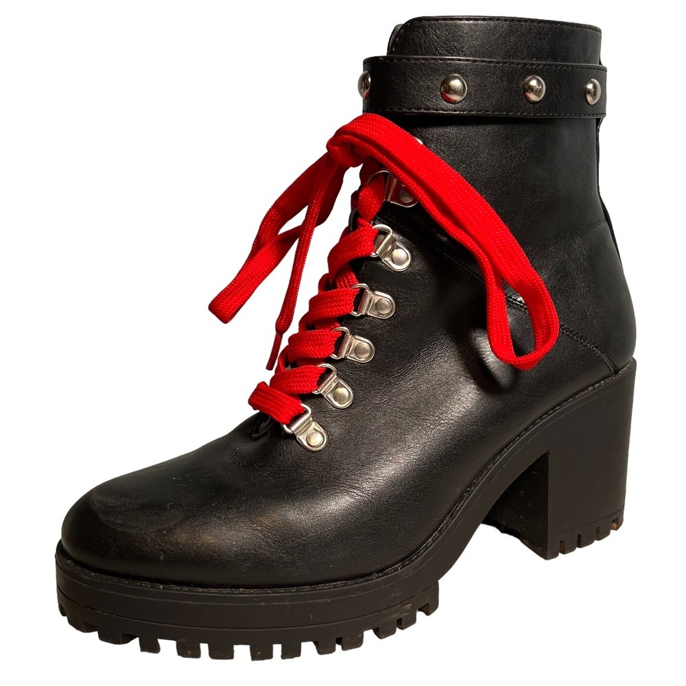 Forever 21 Faux Leather Chunky Combat Platform‎ Boots Sz 9 Black Zip Red Laces